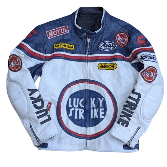 SOLD Vintage 1990's Lucky Strike Leather Motorcycle Coat For Men Size L - Picture 1 of 7